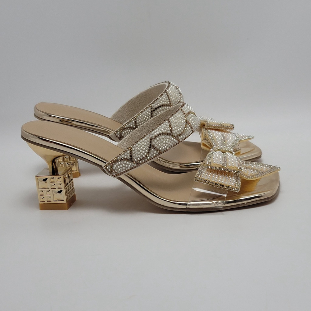 Beaded Rhinestone Bow Knot Kitten Heels Slide Mules Sandal Gold Size EU 40, US 9